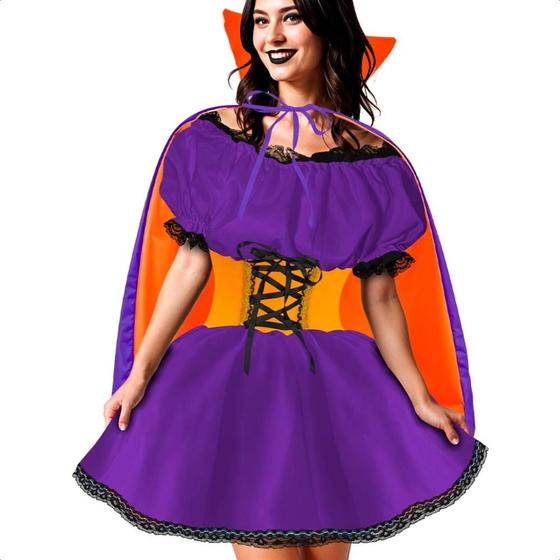 Imagem de Fantasia Halloween Vampira Dark de Luxo Com Capa Adulta Feminina