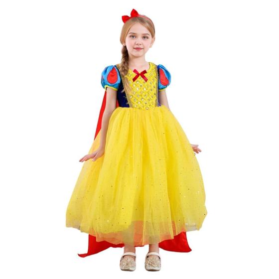 Imagem de Fantasia Infantil Branca De Neve Vestido Longo de Tule Rodado Babado Menina Princesa Acessório de Cabelo Tiara Princesa Mundo Encatado