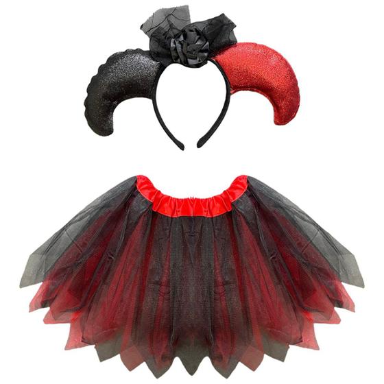 Imagem de Fantasia Infantil Halloween Alerquina Menina Kit 2 Peças Saia Tule Tiara Feminino Barato  Dia das Bruxas Luxo