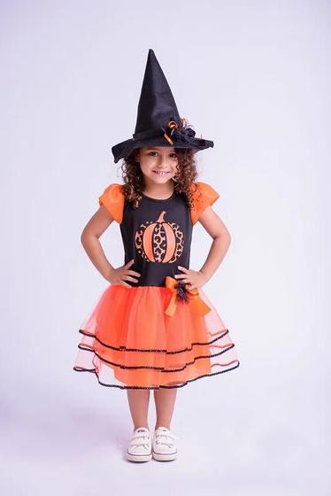 Imagem de Fantasia infantil halloween menina abóbora vestido 08 ao 14 com chapéu