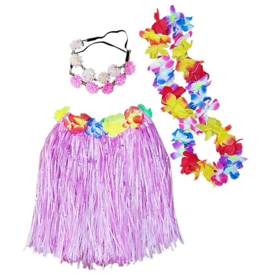 Imagem de Fantasia Infantil Juvenil Havaiana Festa Carnaval Hawaiana: Saia + Colar + 2 Tiara Flores Cor Sortidas