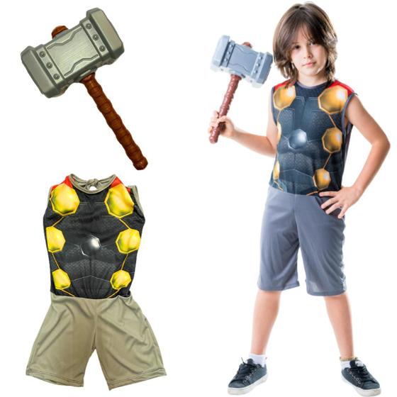 Imagem de Fantasia Infantil Masculina Thor Macacão Com Martelo Trovão Para Menino Halloween Dia Das Bruxas