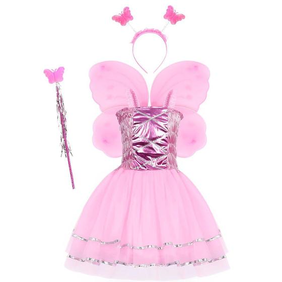 Imagem de Fantasia Infantil Menina Princesa Kit 4pçs Borboleta Fadinha Carnaval Vestido Varinha Feminina Férias