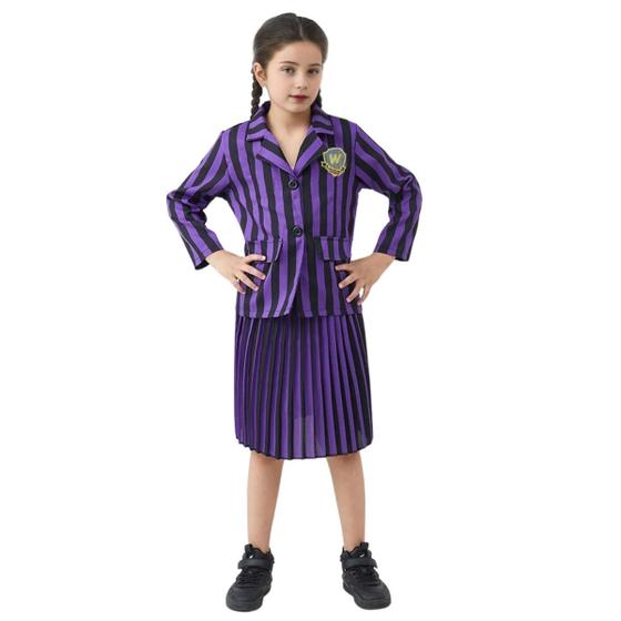 Imagem de Fantasia Infantil Wandinha Menina Criança Juvenil Saia Rodada Plissada Conjunto Família Addams Camisa Festa Dia das Crianças Halloween