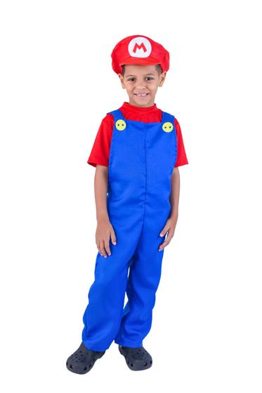 Imagem de Fantasia Muvilê Mario Bros Macacão Com Camiseta Vermelho E Boné (4ao8)