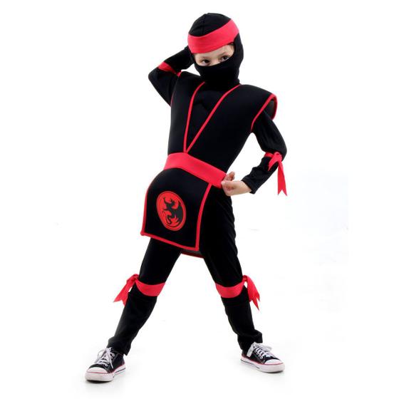 Imagem de Fantasia Ninja Infantil Preto e Vermelho Samurai Dragão Guerreiro Luxo Com Músculos Capuz e Faixas