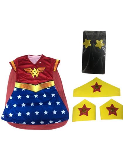 Imagem de Fantasia Roupa Infantil Menina Heroína Com Kit Tiara, Bracelete e Brinco