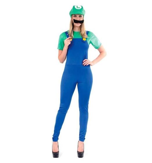 Imagem de Fantasia Super Mário Adulto Luigi Feminina Com Bigode e Chapéu