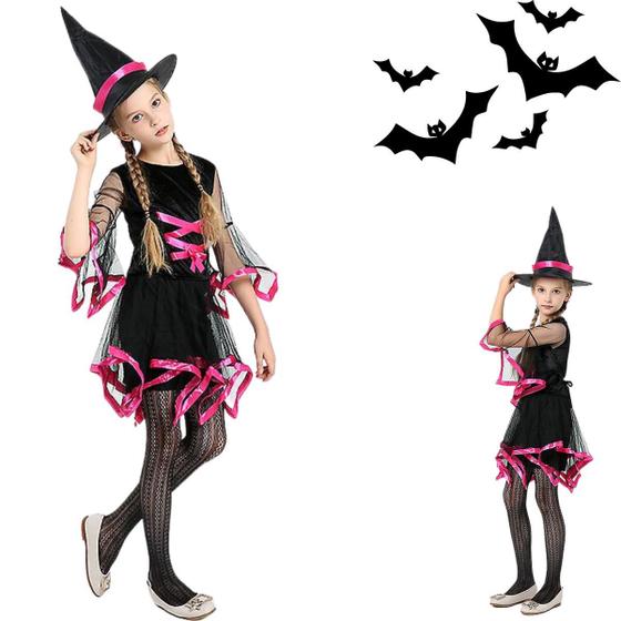 Imagem de Fantasia Vestido Bruxinha Infantil Meninas Halloween + Chapéu