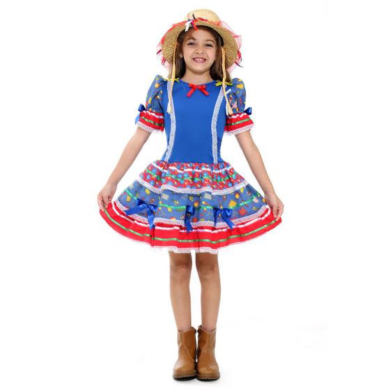 Imagem de Fantasia Vestido Caipira Babados Luxo Azul com Chapéu - Festa Junina