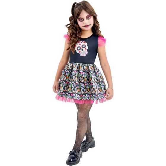 Imagem de Fantasia Vestido Infantil Halloween Caveira Mexicana Festa Cosplay