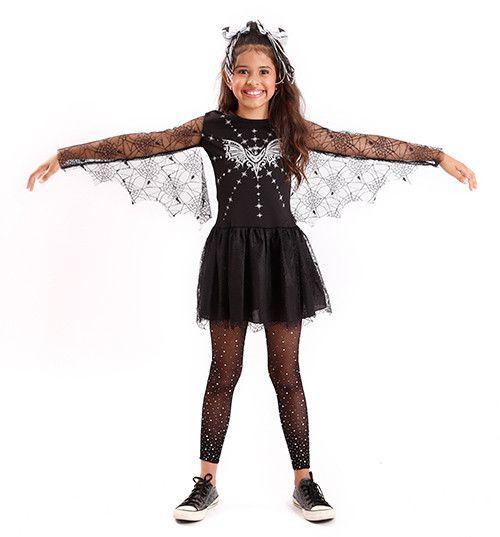 Imagem de Fantasia Vestido Morcega Infantil Asa Vampira Feiticeira Halloween Dia das Bruxas Noites do Terror Festa Zumbi
