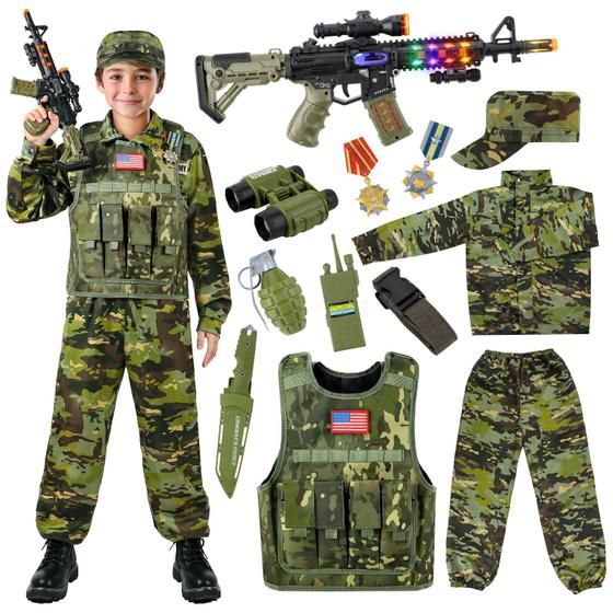 Imagem de Fantasias Militares Metemot Kids Army para Meninos (3 a 12 anos) - Com Brinquedos