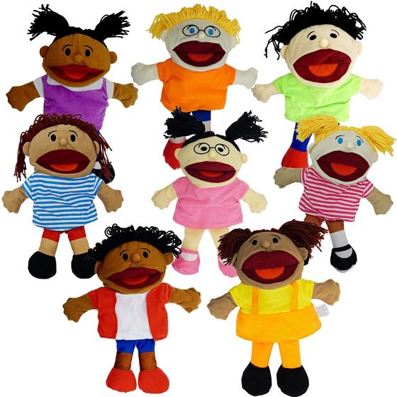 Imagem de Fantoches de mão para crianças, fantoches multiculturais com boca móvel (8 pacotes) Soft Pelotpets de pelúcia se encaixa em crianças e crianças para a escola, shows de teatro de marionetes em casa, brinquedos de sala de aula, ótima ideia de present