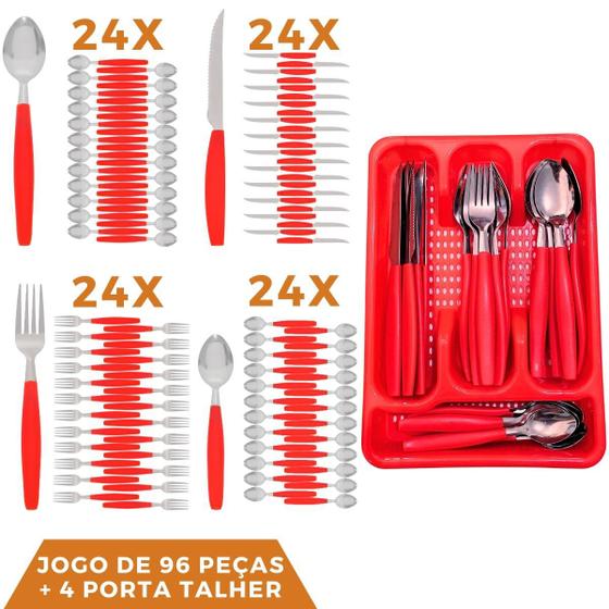 Imagem de Faqueiro 96 Pçs Aço Inox C/ 4 Porta Talheres Berlim Vermelho