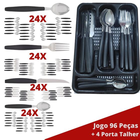 Imagem de Faqueiro Aço Inox 96 Pçs C/ 4 Porta Talheres Berlim Preto