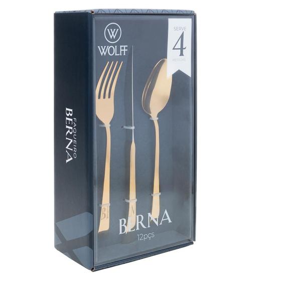 Embalagem fechada do faqueiro Berna Wolff com visor transparente exibindo talheres dourados