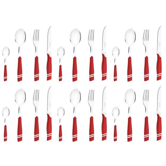 Faqueiro com 24 pçs de inox cabo plástico Vermelho e Branco Menor preço em Faqueiro com 24 pçs de inox cabo plástico Vermelho e Branco