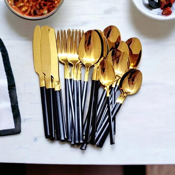 Faqueiro de luxo preto com dourado, inox, 24 peças