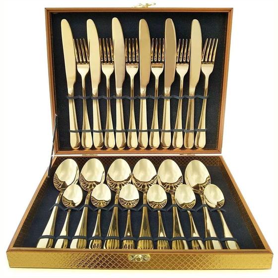 Imagem de Faqueiro Dourado Luxo 24 Pçs Aço Inox Jogo de Talher Para Mesa Posta Eventos Lvável em Lavadora Super Resistente