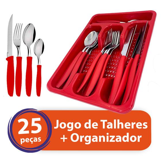 Imagem de Faqueiro Inox Jogo Talheres Porta Talher 25 Peças Top Premium Colors