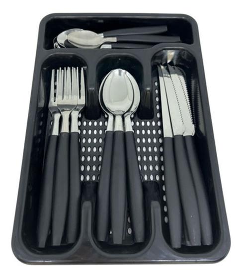 Imagem de Faqueiro Jogo Kit Talheres Preto 24 Peças Inox Gaveteiro Porta Talher