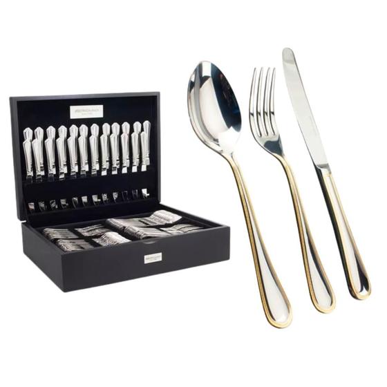 Faqueiro Louvre Friso Ouro 130 Peças Aço Inox 18/10 3MM C/Estojo -Fracalnaza Menor preço em Faqueiro Louvre Friso Ouro 130 Peças Aço Inox 18/10 3MM C/Estojo -Fracalnaza