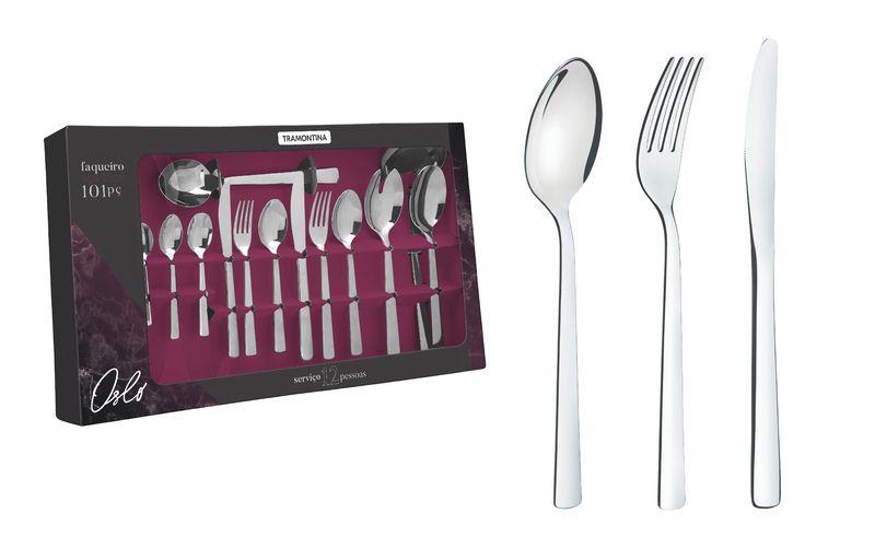Imagem de Faqueiro Oslo 101 Peças em Aço Inox com Facas de Mesa Forjadas Acabamento Brilho Tramontina 66985/030