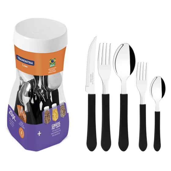Faqueiro Tramontina Leme 20 Peças Aço Inox Cabo Preto Original Jogo de Talheres