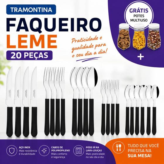 Faqueiro Tramontina Leme 20 Peças Aço Inox Cabo Preto Original Jogo de Talheres