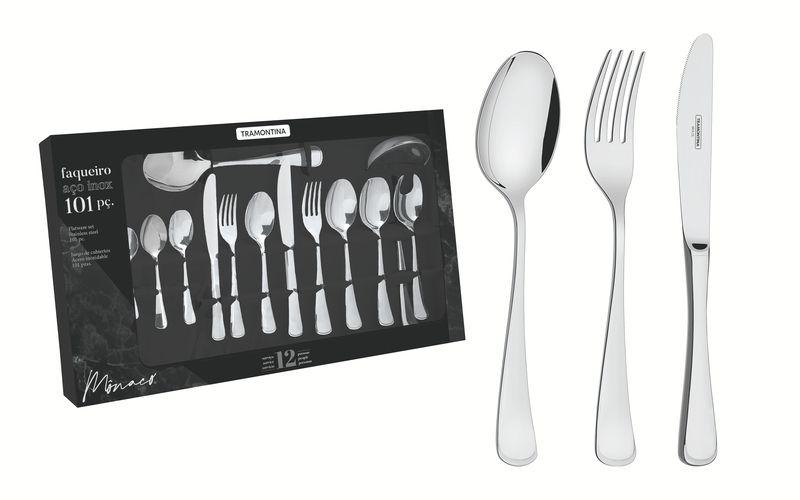 Imagem de Faqueiro Tramontina Mônaco 101 Peças com Facas de Mesa Acabamento Alto Brilho com Detalhes no Cabo