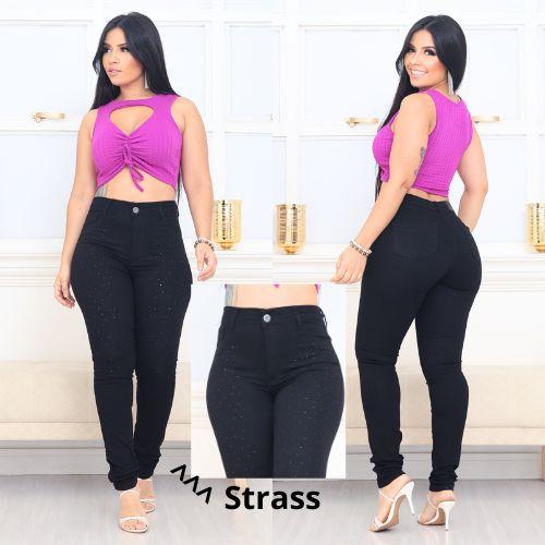 Imagem de Faraya Jeans Calça Skinny Preta com strass/brilho aplicação Cintura alta com lycra modela bumbum tendência rodeio