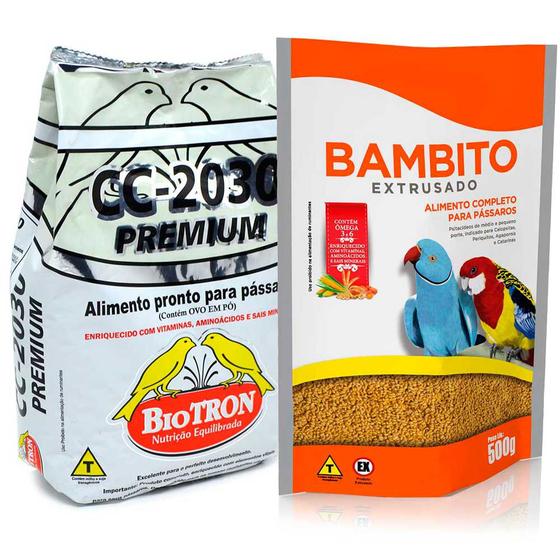 Imagem de Farinhada Pássaros CC2030 Premium 1kg + Ração Bambito Alimento Extrusado 500g Calopsita Periquito