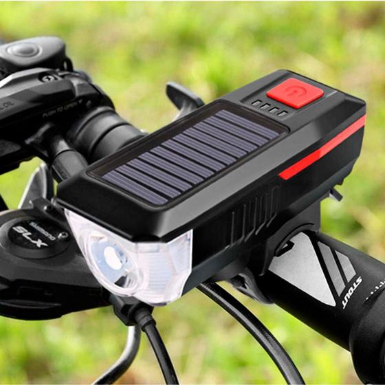 Imagem de Farol Bike Solar Alta Potência LED T6 350lm - Preto+Vermelho