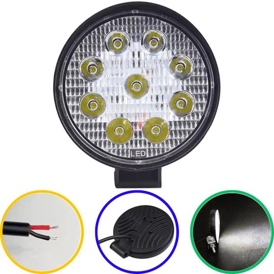 Imagem de Farol de milha forte auxiliar de led 27w redondo 12v 24v 6000k fino