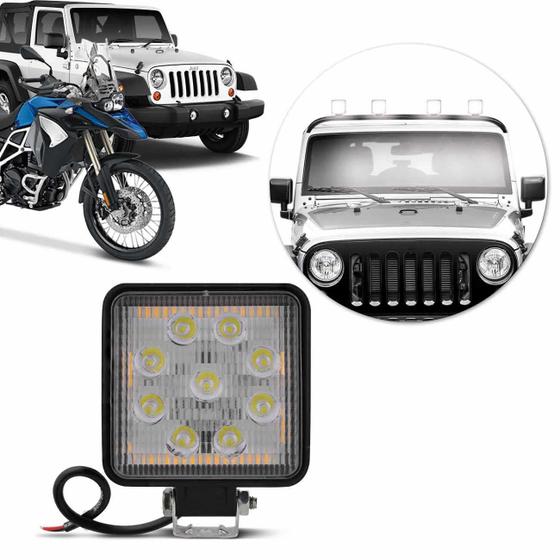 Imagem de Farol de Milha Quadrado Universal 9 Leds 27w 12V Carro Troller Jeep Off-road Auxiliar Neblina