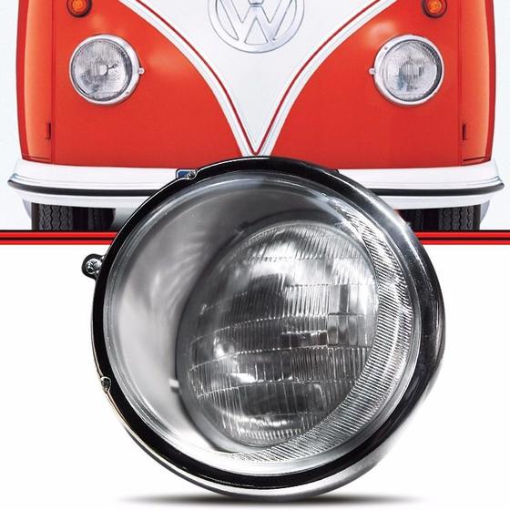 Imagem de Farol kombi coruja 59 a 74 caminhão mb 1111 1113 1313 73 a 82 carcaça em aço + aro em aço cromado lente vidro liso com soquete + lâmpadas