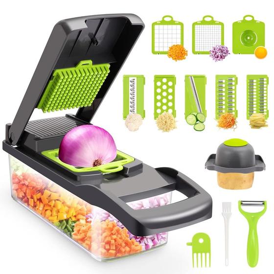 Imagem de Fatiador de Legumes Cortador Inox Frutas Verduras Novo Nicer 14 em 1 Multifuncional