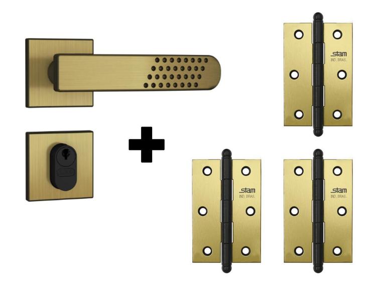 Imagem de Fechadura de Porta Externa Stam 803/21 Oxidada + 3 Dobradiças para Portas