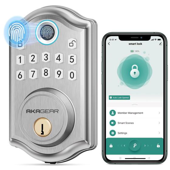 Imagem de Fechadura de porta inteligente AkaGear, entrada sem chave com impressão digital em níquel acetinado