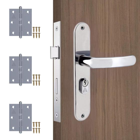 Imagem de Fechadura Porta Externa Perfil Aredondado Inox Polido Cromado  + Dobradiças Aço Zincado Pino Bola 3.1/2"