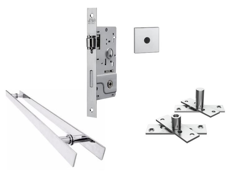 Imagem de Fechadura Rolete Stam 800 Tetra + Puxador Porta Pivotante 60cm Duplo + Dobradiça Pino Pivotante 150kg