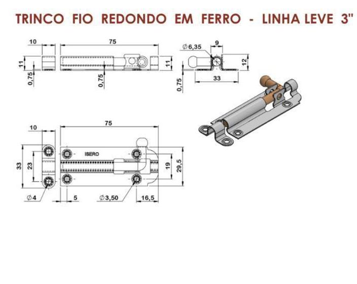 Imagem de Fecho Ferrolho Trinco Fio Redondo Aço Porta Portão 7,5 cm - isero