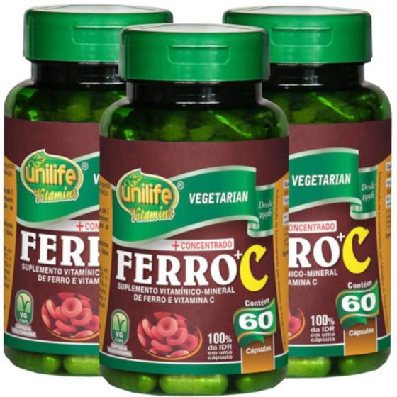 Imagem de Ferro + Vitamina C 60 Cápsulas De 500Mg Kit Com 3