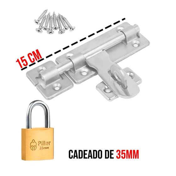 Imagem de Ferrolho com Porta Cadeado + Parafusos + Cadeado Vários Tamanhos Pequeno Médio Grande