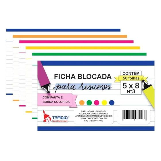 Imagem de Ficha Blocada p/ Resumo Tamoio 5x8 Pautado Colorida 50Fls