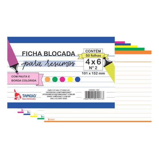 Imagem de Ficha Pautada Blocada Resumo Borda Color 4x6 Nº2 C/ 50 Folhas