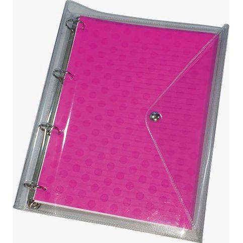 Imagem de Fichário rosa com capa cristal, 4 argolas, com 96 folhas e 6 divisórias.