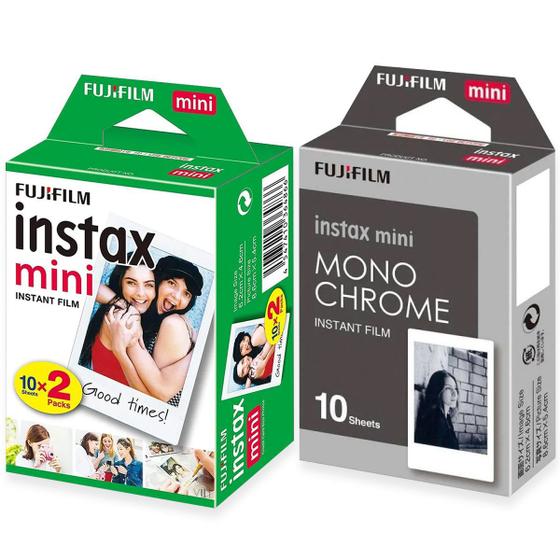 Imagem de Filme Fujifilm Instax Mini Polaroid Branco 20 Fotos + Monochrome 10 Fotos Preto e Branco P/ Instax Mini 7 8 9 11 LiPlay