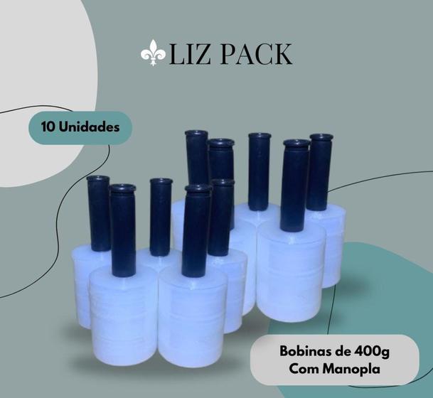 Imagem de Filme Stretch, Kit 10 Bobinas de 10 cm com manopla. Uso facil, com 400 g, 400 metros.